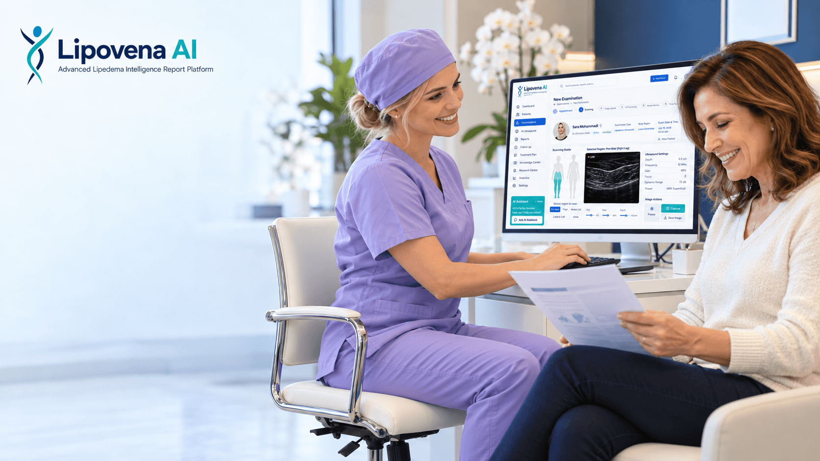 A clinician in lavender scrubs at a computer while a patient reads a printed report